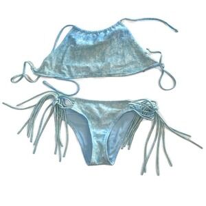 Aerie Crop Top 2-Piece Bikini Sz Small Strappy Ties Adjustable Faux Denim Blue